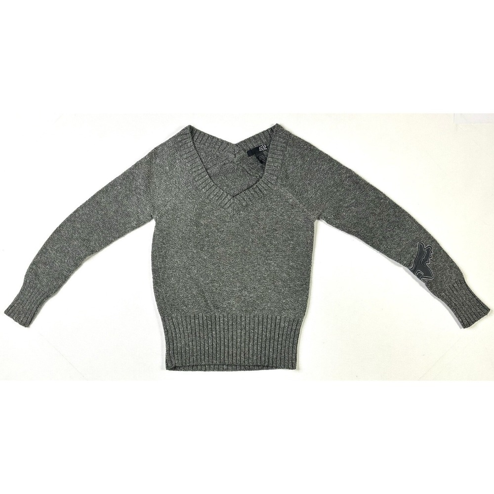 Fox Racing Sweater Women's Medium Gray V-Neck Logo On Sleeve